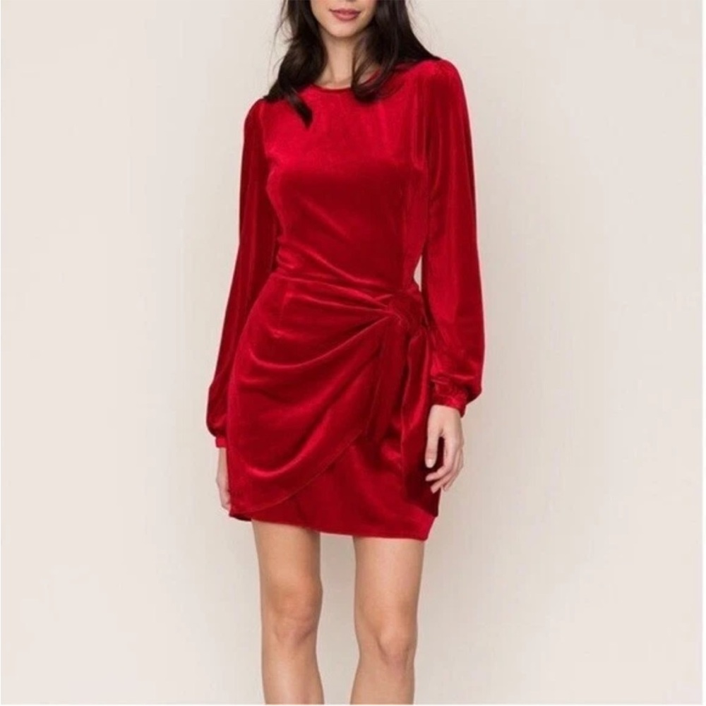 Yumi Kim Tie Me Over Red Velvet Long Sleeve Mini Cocktail Dress